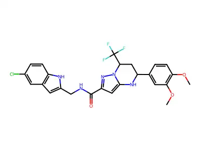 N-[(5-chloro-1H-indol-2-yl)methyl]-5-(3,4-dimethoxyphenyl)-7-(trifluoromethyl)-4,5,6,7-tetrahydropyrazolo[1,5-a]pyrimidine-2-carboxamide structure