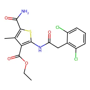 ethyl 5-(aminocarbonyl)-2-{[(2,6-dichlorophenyl)acetyl]amino}-4-methyl-3-thiophenecarboxylate structure