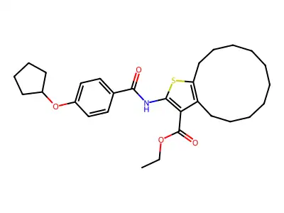ethyl 2-({[4-(cyclopentyloxy)phenyl]carbonyl}amino)-4,5,6,7,8,9,10,11,12,13-decahydrocyclododeca[b]thiophene-3-carboxylate structure