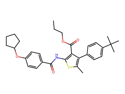 propyl 4-(4-tert-butylphenyl)-2-({[4-(cyclopentyloxy)phenyl]carbonyl}amino)-5-methylthiophene-3-carboxylate structure