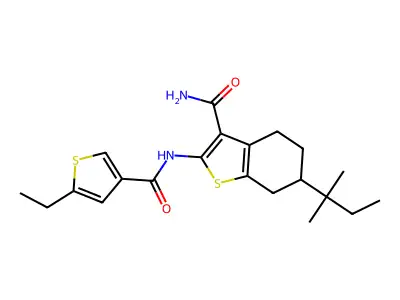 2-[(5-ethylthiophene-3-carbonyl)amino]-6-(2-methylbutan-2-yl)-4,5,6,7-tetrahydro-1-benzothiophene-3-carboxamide structure