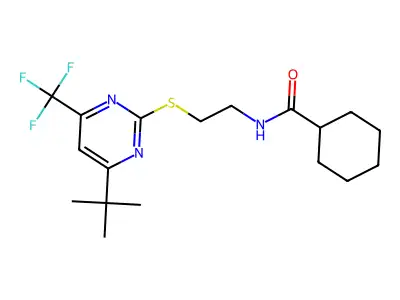 N-[2-[4-tert-butyl-6-(trifluoromethyl)pyrimidin-2-yl]sulfanylethyl]cyclohexanecarboxamide structure