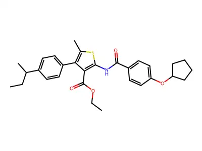 ethyl 4-(4-butan-2-ylphenyl)-2-[(4-cyclopentyloxybenzoyl)amino]-5-methylthiophene-3-carboxylate structure