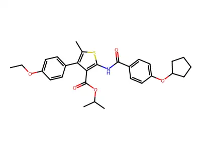 isopropyl 2-{[4-(cyclopentyloxy)benzoyl]amino}-4-(4-ethoxyphenyl)-5-methyl-3-thiophenecarboxylate structure