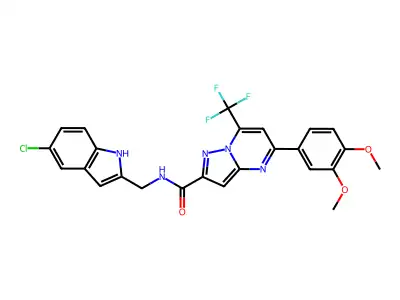 N-[(5-chloro-1H-indol-2-yl)methyl]-5-(3,4-dimethoxyphenyl)-7-(trifluoromethyl)pyrazolo[1,5-a]pyrimidine-2-carboxamide structure