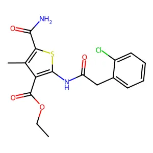 ethyl 5-(aminocarbonyl)-2-{[(2-chlorophenyl)acetyl]amino}-4-methyl-3-thiophenecarboxylate structure