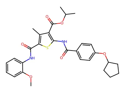 isopropyl 2-{[4-(cyclopentyloxy)benzoyl]amino}-5-[(2-methoxyanilino)carbonyl]-4-methyl-3-thiophenecarboxylate structure