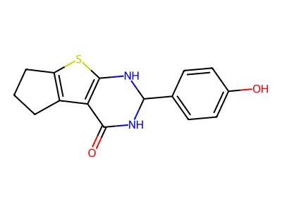2-(4-hydroxyphenyl)-1,2,3,5,6,7-hexahydro-4H-cyclopenta[4,5]thieno[2,3-d]pyrimidin-4-one structure