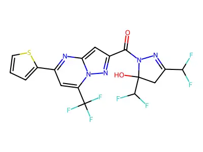 [3,5-bis(difluoromethyl)-5-hydroxy-4H-pyrazol-1-yl]-[5-thiophen-2-yl-7-(trifluoromethyl)pyrazolo[1,5-a]pyrimidin-2-yl]methanone structure