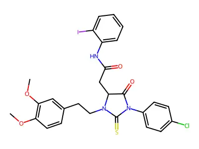 2-[1-(4-chlorophenyl)-3-[2-(3,4-dimethoxyphenyl)ethyl]-5-oxo-2-sulfanylideneimidazolidin-4-yl]-N-(2-iodophenyl)acetamide structure