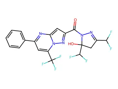 [3,5-bis(difluoromethyl)-5-hydroxy-4H-pyrazol-1-yl]-[5-phenyl-7-(trifluoromethyl)pyrazolo[1,5-a]pyrimidin-2-yl]methanone structure