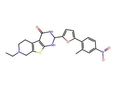 7-ethyl-2-[5-(2-methyl-4-nitrophenyl)(2-furyl)]-1,2,3,5,6,7,8-heptahydropyrimi dino[5',4'-4,5]thiopheno[2,3-c]pyridin-4-one structure