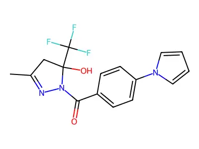 [5-hydroxy-3-methyl-5-(trifluoromethyl)-4H-pyrazol-1-yl]-(4-pyrrol-1-ylphenyl)methanone structure