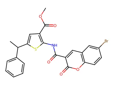 methyl 2-{[(6-bromo-2-oxo-2H-chromen-3-yl)carbonyl]amino}-5-(1-phenylethyl)thiophene-3-carboxylate structure