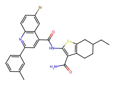 6-bromo-N-(3-carbamoyl-6-ethyl-4,5,6,7-tetrahydro-1-benzothiophen-2-yl)-2-(3-methylphenyl)quinoline-4-carboxamide structure