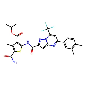 isopropyl 5-(aminocarbonyl)-2-({[5-(3,4-dimethylphenyl)-7-(trifluoromethyl)pyrazolo[1,5-a]pyrimidin-2-yl]carbonyl}amino)-4-methyl-3-thiophenecarboxylate structure