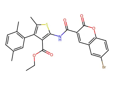 Ethyl 2-[[(6-bromo-2-oxo-2H-1-benzopyran-3-yl)carbonyl]amino]-4-(2,5-dimethylphenyl)-5-methyl-3-thiophenecarboxylate structure