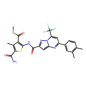 methyl 5-(aminocarbonyl)-2-({[5-(3,4-dimethylphenyl)-7-(trifluoromethyl)pyrazolo[1,5-a]pyrimidin-2-yl]carbonyl}amino)-4-methyl-3-thiophenecarboxylate structure