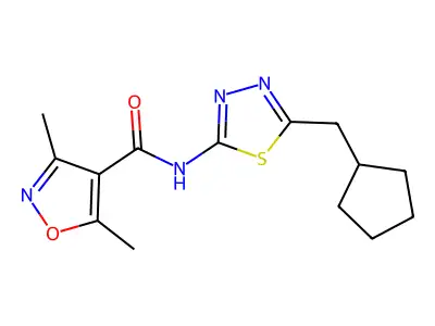 N-[5-(cyclopentylmethyl)-1,3,4-thiadiazol-2-yl]-3,5-dimethyl-1,2-oxazole-4-carboxamide structure