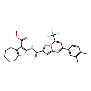 methyl 2-({[5-(3,4-dimethylphenyl)-7-(trifluoromethyl)pyrazolo[1,5-a]pyrimidin-2-yl]carbonyl}amino)-5,6,7,8-tetrahydro-4H-cyclohepta[b]thiophene-3-carboxylate structure