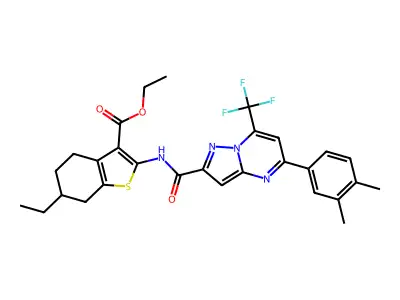 ethyl 2-({[5-(3,4-dimethylphenyl)-7-(trifluoromethyl)pyrazolo[1,5-a]pyrimidin-2-yl]carbonyl}amino)-6-ethyl-4,5,6,7-tetrahydro-1-benzothiophene-3-carboxylate structure