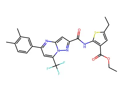 ethyl 2-({[5-(3,4-dimethylphenyl)-7-(trifluoromethyl)pyrazolo[1,5-a]pyrimidin-2-yl]carbonyl}amino)-5-ethyl-3-thiophenecarboxylate structure