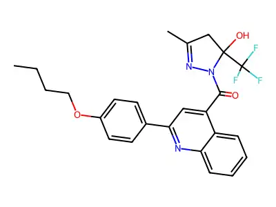 [2-(4-butoxyphenyl)quinolin-4-yl]-[5-hydroxy-3-methyl-5-(trifluoromethyl)-4H-pyrazol-1-yl]methanone structure