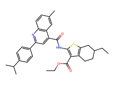 ethyl 6-ethyl-2-[({6-methyl-2-[4-(propan-2-yl)phenyl]quinolin-4-yl}carbonyl)amino]-4,5,6,7-tetrahydro-1-benzothiophene-3-carboxylate structure
