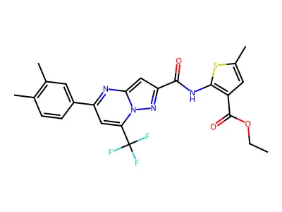 ethyl 2-({[5-(3,4-dimethylphenyl)-7-(trifluoromethyl)pyrazolo[1,5-a]pyrimidin-2-yl]carbonyl}amino)-5-methyl-3-thiophenecarboxylate structure