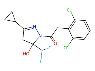 1-[3-cyclopropyl-5-(difluoromethyl)-5-hydroxy-4H-pyrazol-1-yl]-2-(2,6-dichlorophenyl)ethanone structure