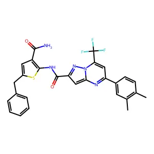 N-(5-benzyl-3-carbamoylthiophen-2-yl)-5-(3,4-dimethylphenyl)-7-(trifluoromethyl)pyrazolo[1,5-a]pyrimidine-2-carboxamide structure