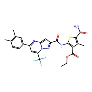 ethyl 5-(aminocarbonyl)-2-({[5-(3,4-dimethylphenyl)-7-(trifluoromethyl)pyrazolo[1,5-a]pyrimidin-2-yl]carbonyl}amino)-4-methyl-3-thiophenecarboxylate structure
