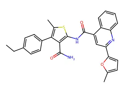 N-[3-carbamoyl-4-(4-ethylphenyl)-5-methylthiophen-2-yl]-2-(5-methylfuran-2-yl)quinoline-4-carboxamide structure