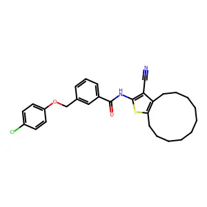 3-[(4-chlorophenoxy)methyl]-N-(3-cyano-4,5,6,7,8,9,10,11,12,13-decahydrocyclododeca[b]thiophen-2-yl)benzamide structure
