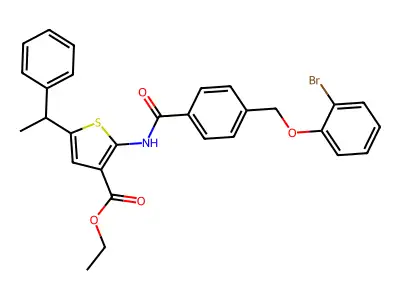 ethyl 2-({4-[(2-bromophenoxy)methyl]benzoyl}amino)-5-(1-phenylethyl)-3-thiophenecarboxylate structure