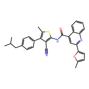 N-[3-cyano-5-methyl-4-[4-(2-methylpropyl)phenyl]thiophen-2-yl]-2-(5-methylfuran-2-yl)quinoline-4-carboxamide structure