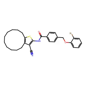 4-[(2-bromophenoxy)methyl]-N-(3-cyano-4,5,6,7,8,9,10,11,12,13-decahydrocyclododeca[b]thiophen-2-yl)benzamide structure