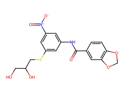 N-{3-[(2,3-dihydroxypropyl)sulfanyl]-5-nitrophenyl}-1,3-benzodioxole-5-carboxamide structure
