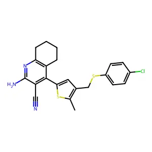 2-amino-4-(4-{[(4-chlorophenyl)sulfanyl]methyl}-5-methyl-2-thienyl)-5,6,7,8-tetrahydro-3-quinolinecarbonitrile structure