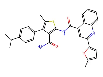 N-[3-carbamoyl-5-methyl-4-(4-propan-2-ylphenyl)thiophen-2-yl]-2-(5-methylfuran-2-yl)quinoline-4-carboxamide structure