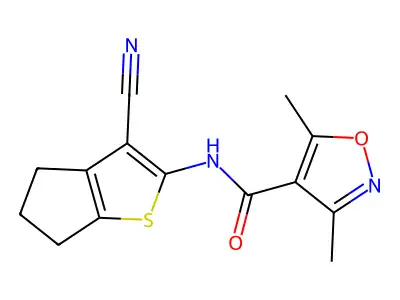 N-(3-cyano-5,6-dihydro-4H-cyclopenta[b]thiophen-2-yl)-3,5-dimethyl-1,2-oxazole-4-carboxamide structure
