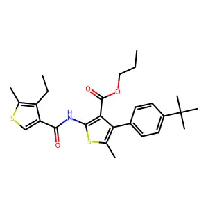 propyl 4-(4-tert-butylphenyl)-2-[(4-ethyl-5-methylthiophene-3-carbonyl)amino]-5-methylthiophene-3-carboxylate structure