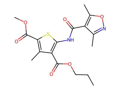 2-methyl 4-propyl 5-(3,5-dimethylisoxazole-4-carboxamido)-3-methylthiophene-2,4-dicarboxylate structure