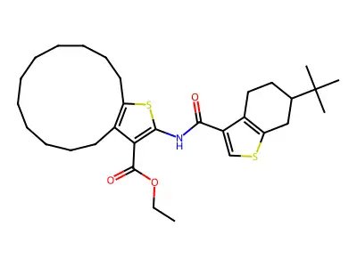 Ethyl 2-[[[6-(1,1-dimethylethyl)-4,5,6,7-tetrahydrobenzo[b]thien-3-yl]carbonyl]amino]-5,6,7,8,9,10,11,12,13,14-decahydro-4H-cyclotrideca[b]thiophene-3-carboxylate structure