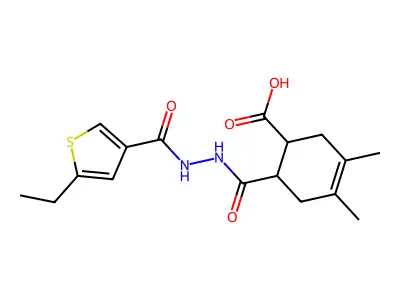 6-({2-[(5-ethylthiophen-3-yl)carbonyl]hydrazinyl}carbonyl)-3,4-dimethylcyclohex-3-ene-1-carboxylic acid structure