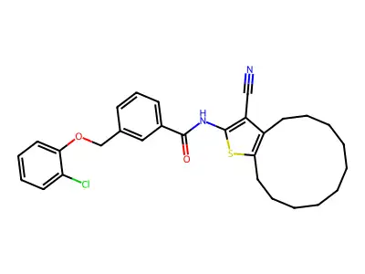 3-[(2-chlorophenoxy)methyl]-N-(3-cyano-4,5,6,7,8,9,10,11,12,13-decahydrocyclododeca[b]thien-2-yl)benzamide structure