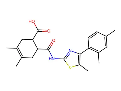 6-({[4-(2,4-dimethylphenyl)-5-methyl-1,3-thiazol-2-yl]amino}carbonyl)-3,4-dimethyl-3-cyclohexene-1-carboxylic acid structure