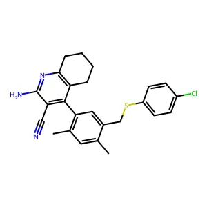2-amino-4-(5-{[(4-chlorophenyl)sulfanyl]methyl}-2,4-dimethylphenyl)-5,6,7,8-tetrahydro-3-quinolinecarbonitrile structure