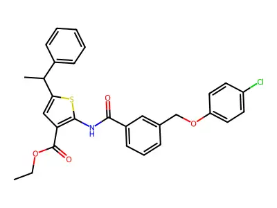 ethyl 2-({3-[(4-chlorophenoxy)methyl]benzoyl}amino)-5-(1-phenylethyl)-3-thiophenecarboxylate structure