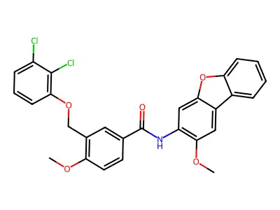 3-[(2,3-dichlorophenoxy)methyl]-4-methoxy-N-(2-methoxydibenzo[b,d]furan-3-yl)benzamide structure